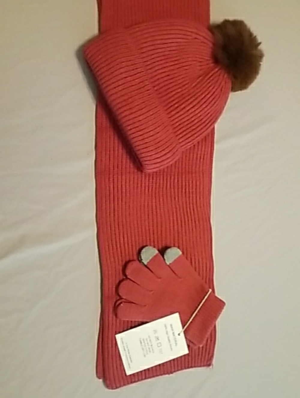 Women's Coral Knit Hat, Scarf & Glove Set with Faux Fur Pom